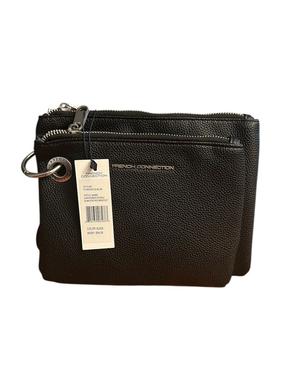 French Connection Lara Pebble Double Slim Pouches Wristlet Clutch Black NWT